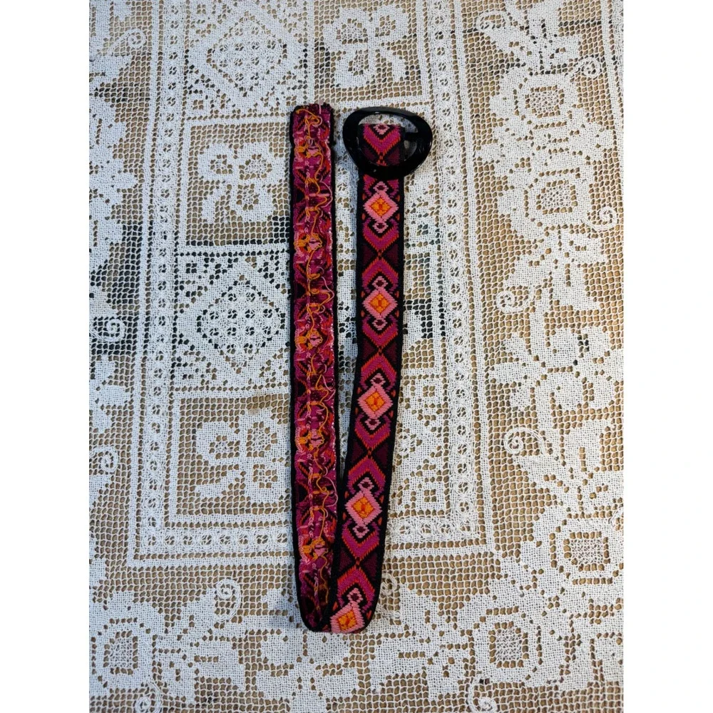 Vtg Woven Geometric Diamond Belt Pink Orange Boho Textile Black Round Buckle 33